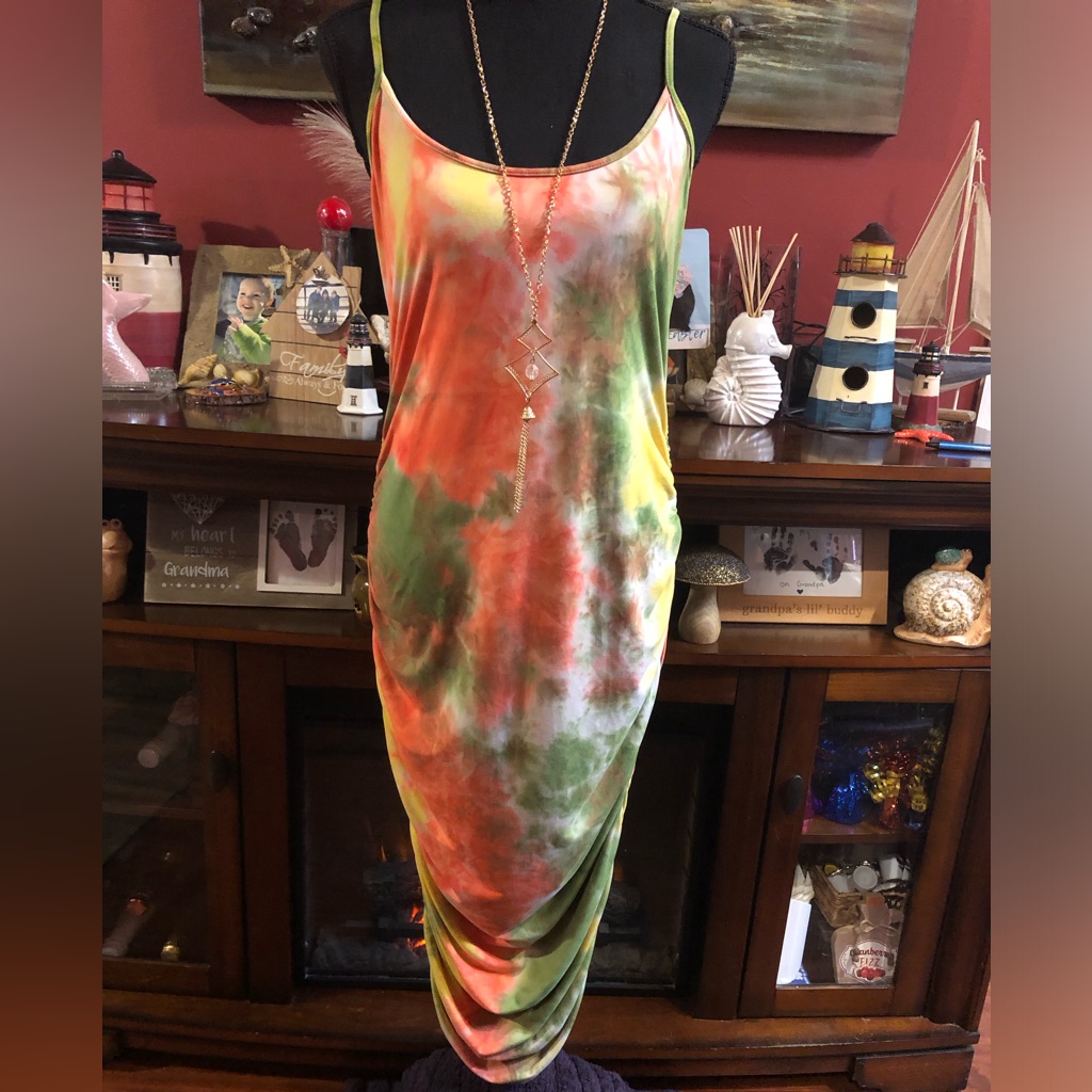 Fashion Nova Tie-Dye Spaghetti Strap Maxi Dress In Orange & Green